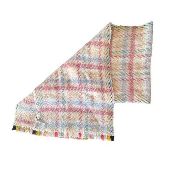Anthropologie Women's Plaid Fringe White Pink Black Blue Yellow Scarf wool blend - Picture 2 of 6